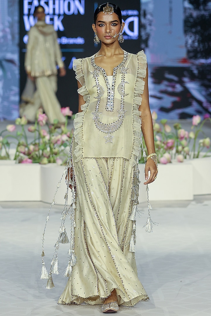 Stone Beige Mukaish Silk Mul Embroidered Sharara Set by Payal Singhal at Pernia's Pop Up Shop