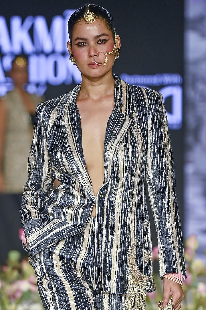Black & White Velvet Striped Textured Blazer Set by Payal Singhal at Pernia's Pop Up Shop