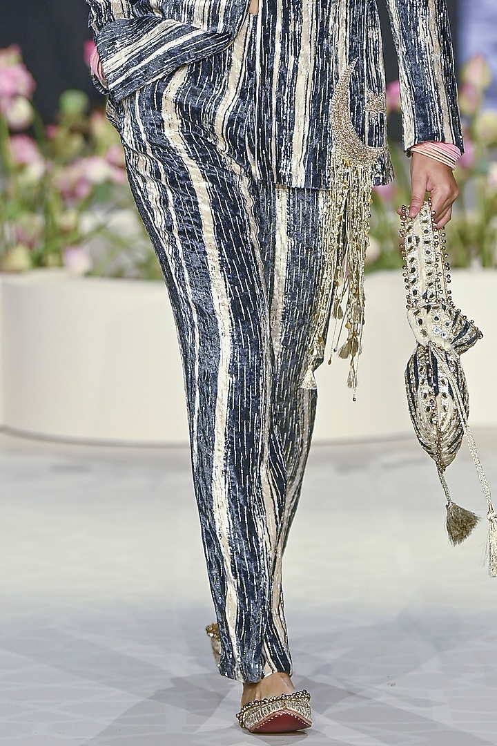 Black & White Velvet Striped Textured Blazer Set by Payal Singhal at Pernia's Pop Up Shop
