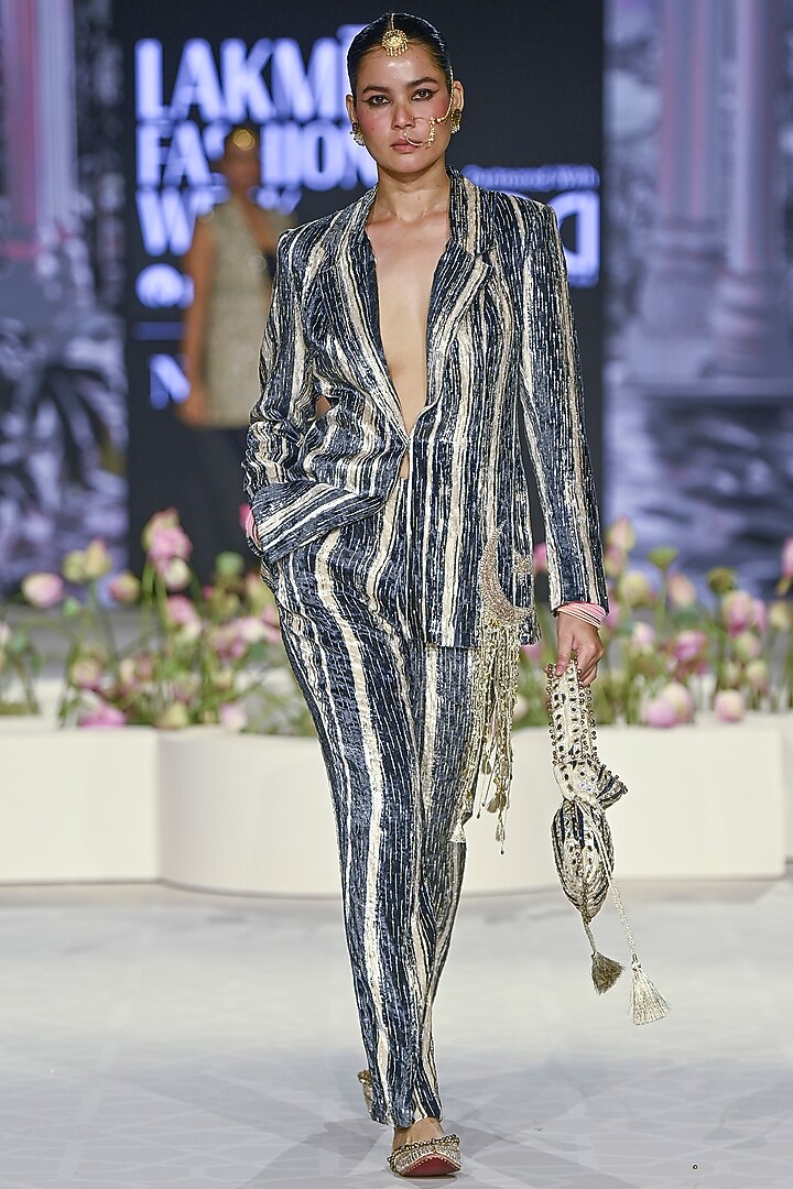 Black & White Velvet Striped Textured Blazer Set by Payal Singhal at Pernia's Pop Up Shop