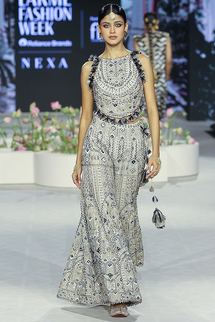 Off-White Georgette Embroidered Sharara Set by Payal Singhal at Pernia's Pop Up Shop