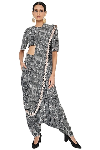 Black & White Pant Set With Drape by Payal Singhal