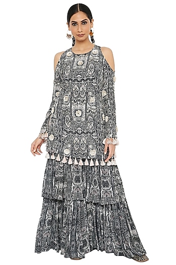 Black & White Crepe Printed Wedding Sharara Set by Payal Singhal at Pernia's Pop Up Shop
