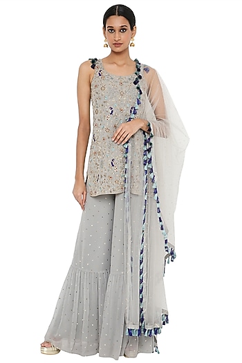 Grey Georgette Bridal Sharara Set by Payal Singhal at Pernia's Pop Up Shop