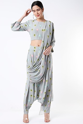 Grey Crepe Printed Pant Saree Set by Payal Singhal