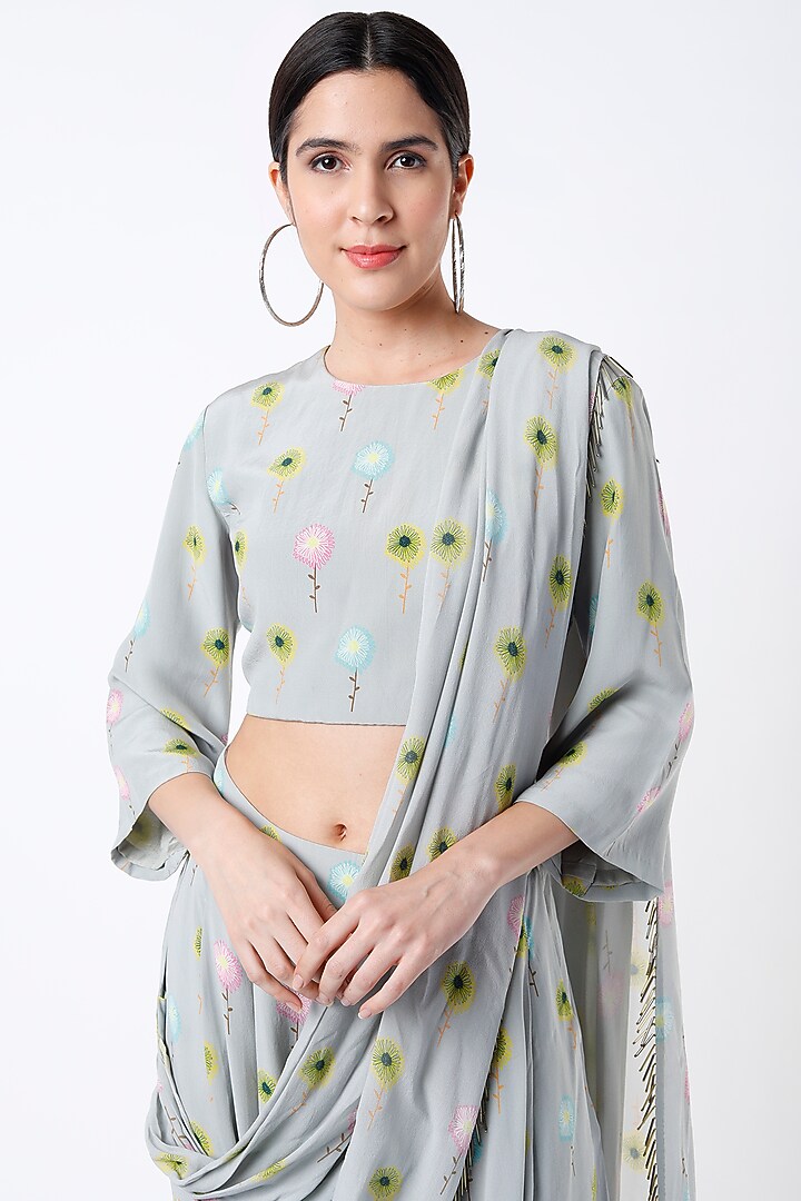Grey Crepe Printed Pant Wedding Saree Set by Payal Singhal at Pernia's Pop Up Shop