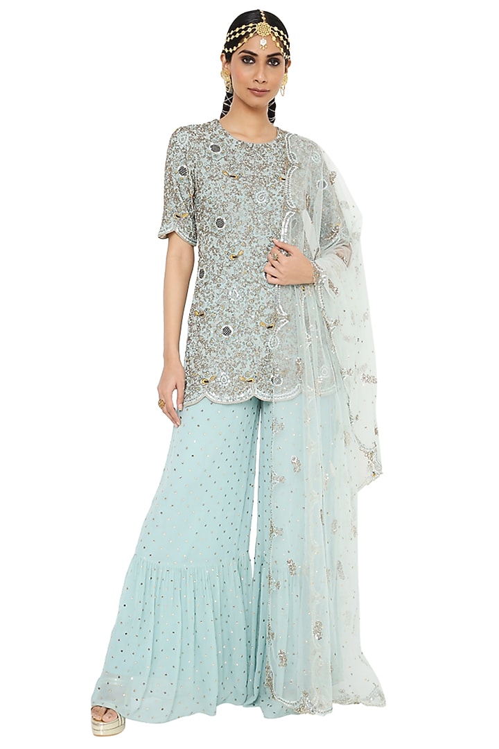 Powder Blue Georgette Bridal Sharara Set by Payal Singhal at Pernia's Pop Up Shop