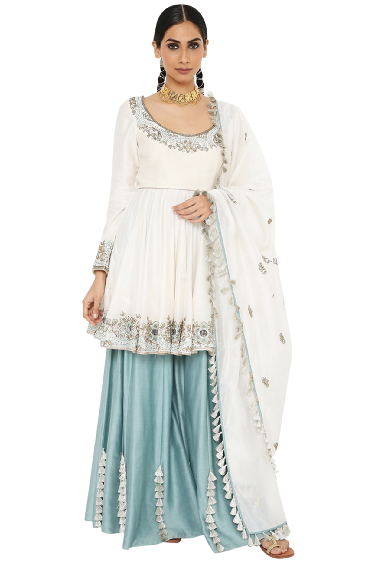 Off White Silk Mulmul Wedding Anarkali Set by Payal Singhal at Pernia's Pop Up Shop