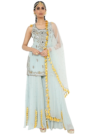 Periwinkle Blue Georgette Wedding Sharara Set by Payal Singhal at Pernia's Pop Up Shop