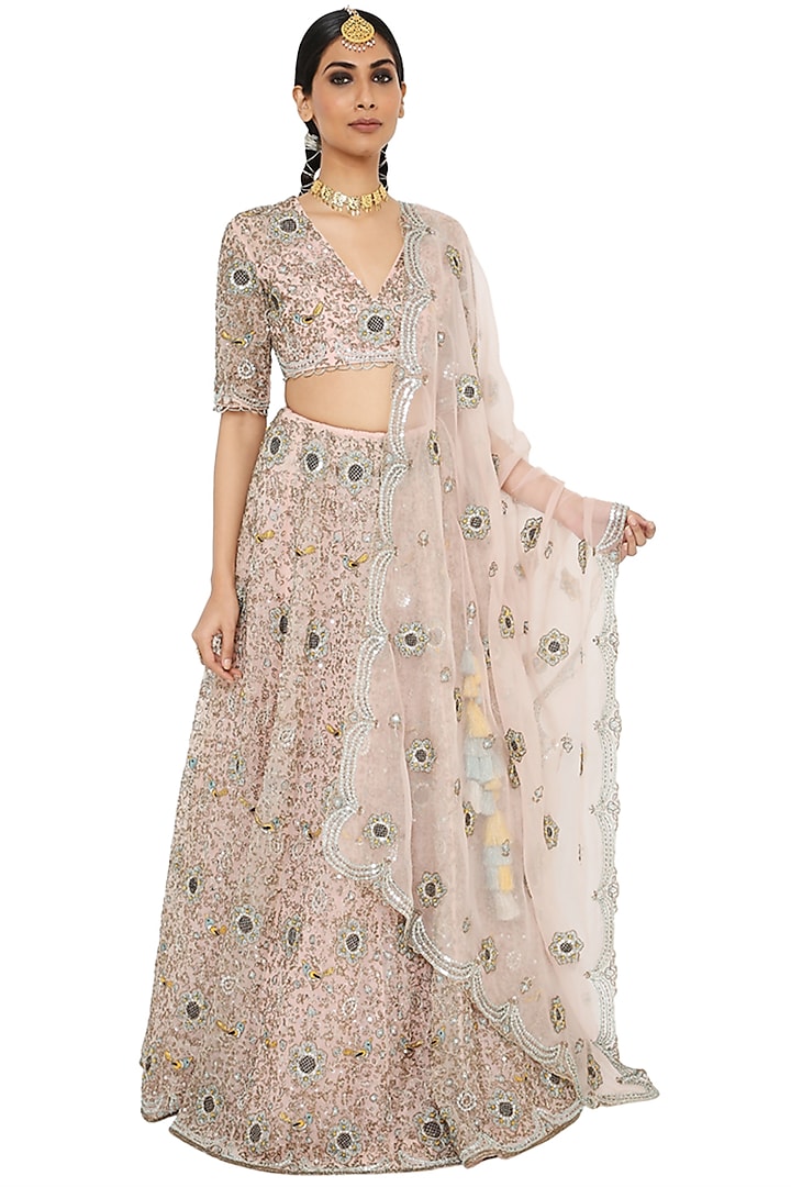Rose Pink Embroidered Bridal Lehenga Set by Payal Singhal at Pernia's Pop Up Shop