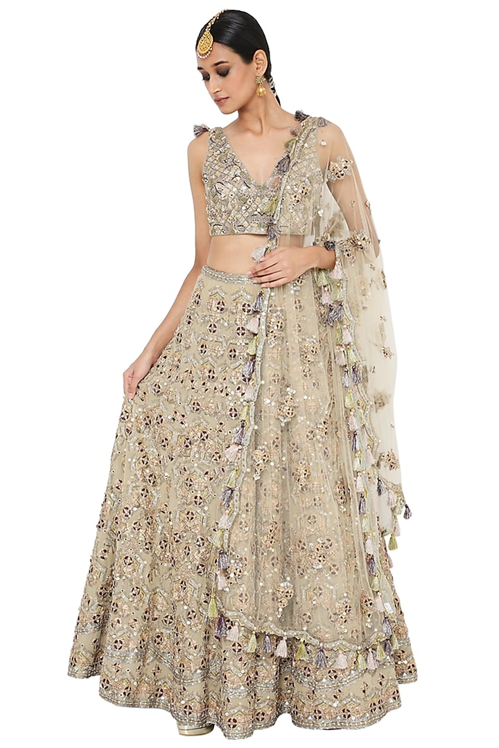 Pastel Olive Embroidered Lehenga Set by Payal Singhal