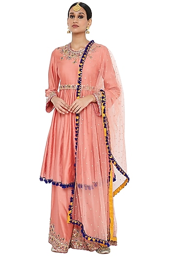 Coral Embroidered Short Wedding Anarkali Set by Payal Singhal at Pernia's Pop Up Shop