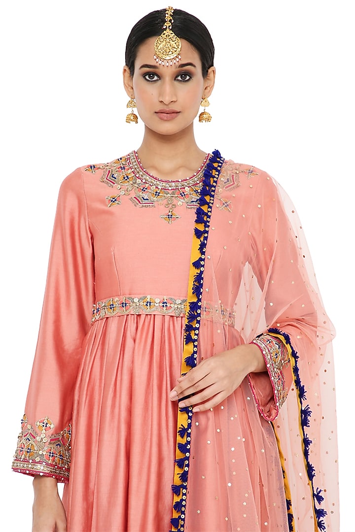 Coral Embroidered Short Wedding Anarkali Set by Payal Singhal at Pernia's Pop Up Shop