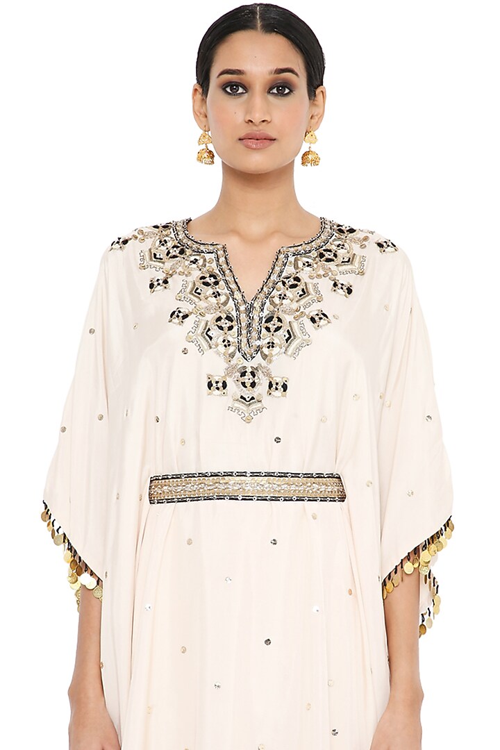 Stone White Embroidered Kaftan Set by Payal Singhal at Pernia's Pop Up Shop