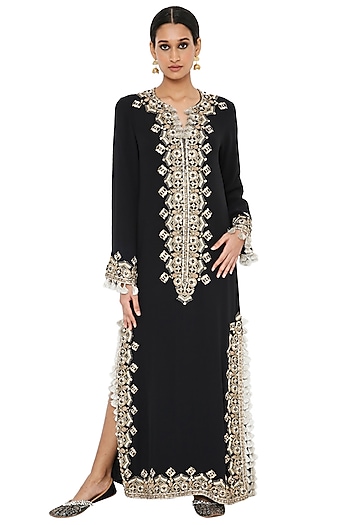 Black Embroidered Kaftan by Payal Singhal at Pernia's Pop Up Shop