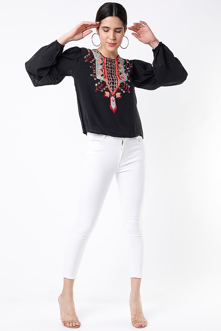 Black Embroidered Balloon Top by PS Pret by Payal Singhal
