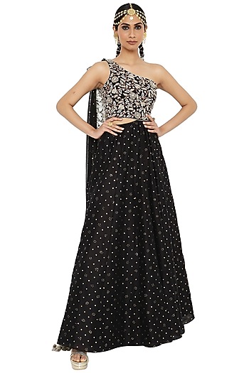 Black Embroidered One-Shoulder Engagement Gown by Payal Singhal at Pernia's Pop Up Shop