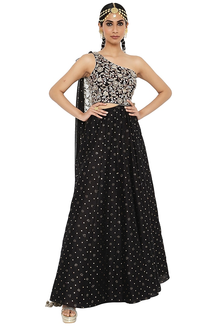 Black Embroidered One-Shoulder Engagement Gown by Payal Singhal at Pernia's Pop Up Shop
