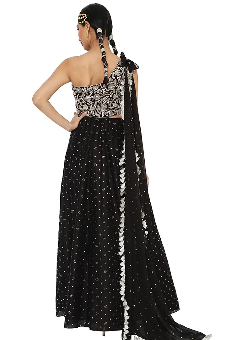 Black Embroidered One-Shoulder Engagement Gown by Payal Singhal at Pernia's Pop Up Shop