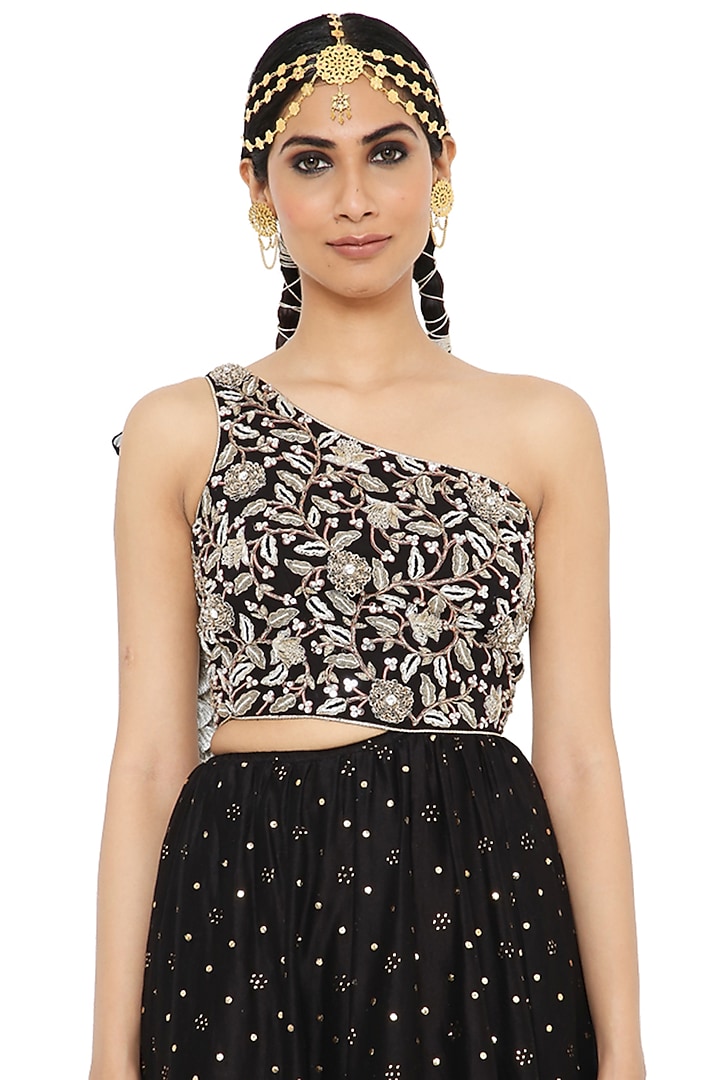 Black Embroidered One-Shoulder Engagement Gown by Payal Singhal at Pernia's Pop Up Shop