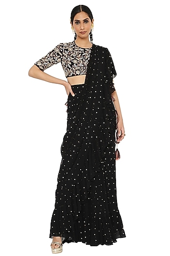 Black Embroidered Frilled Wedding Saree Set by Payal Singhal at Pernia's Pop Up Shop