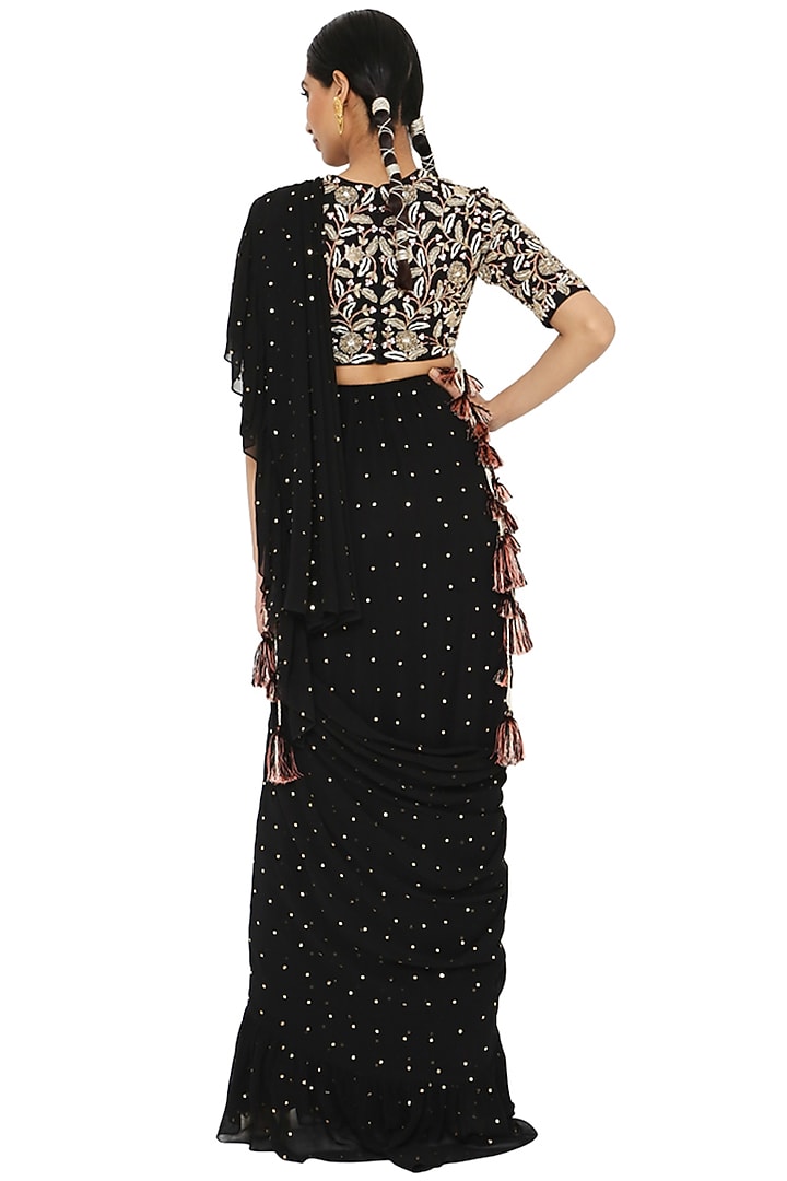 Black Embroidered Frilled Wedding Saree Set by Payal Singhal at Pernia's Pop Up Shop