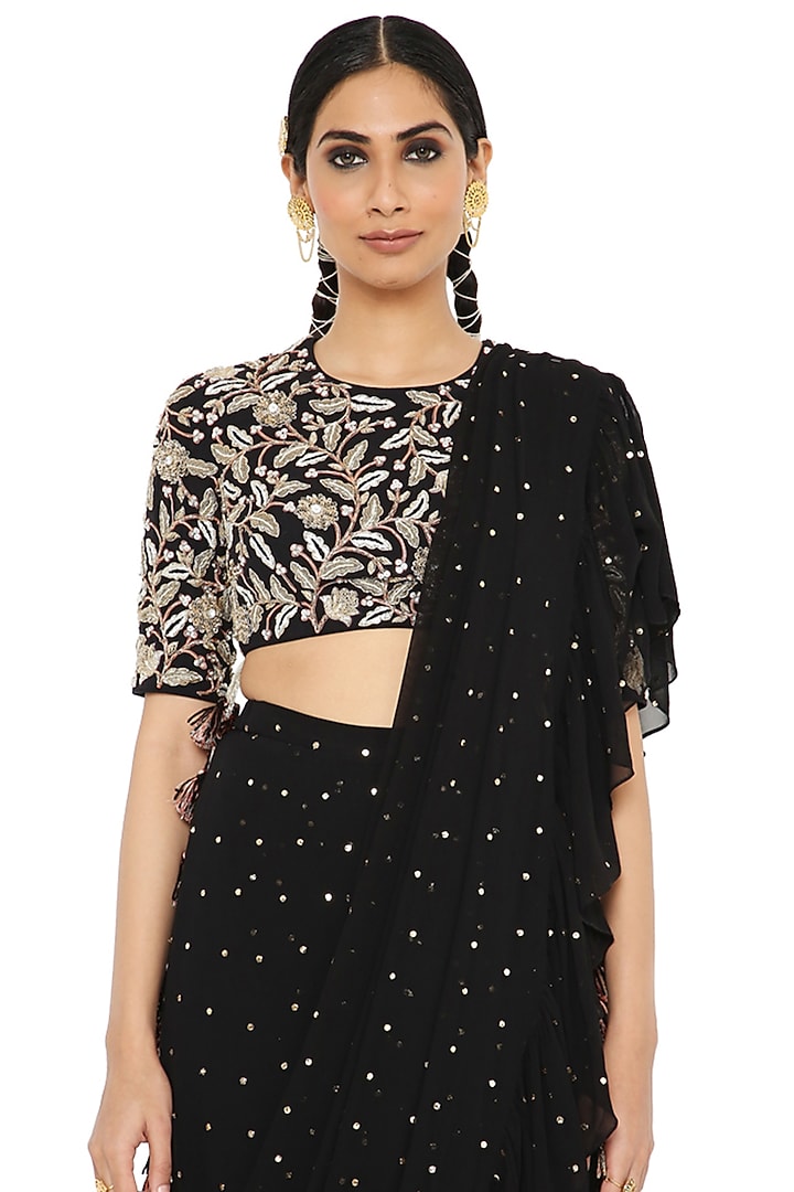 Black Embroidered Frilled Wedding Saree Set by Payal Singhal at Pernia's Pop Up Shop