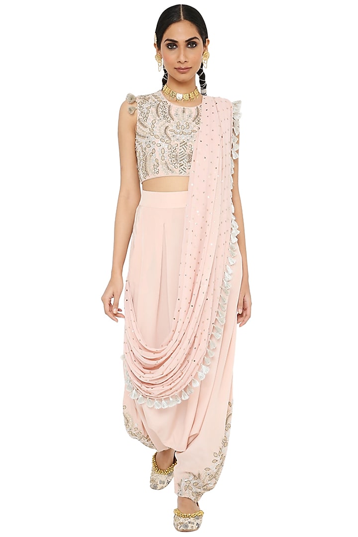 Rose Pink Mukaish Georgette Dhoti Saree Set by Payal Singhal at Pernia's Pop Up Shop