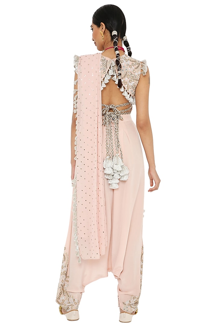 Rose Pink Mukaish Georgette Dhoti Wedding Saree Set by Payal Singhal at Pernia's Pop Up Shop