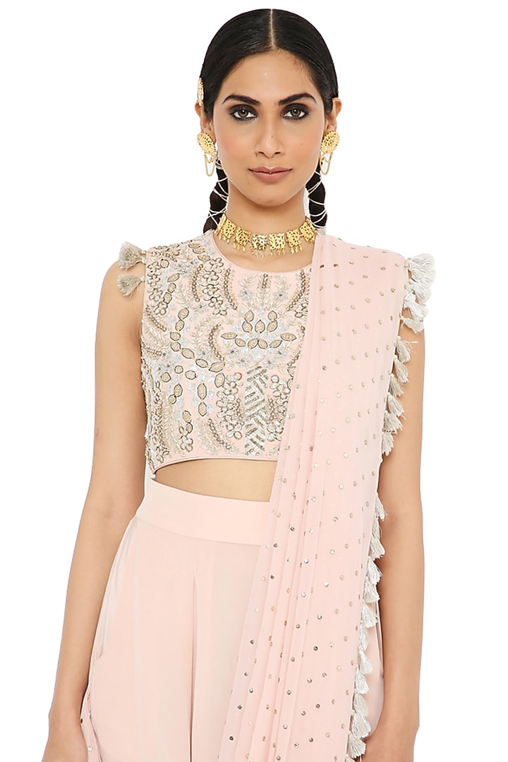 Rose Pink Mukaish Georgette Dhoti Wedding Saree Set by Payal Singhal at Pernia's Pop Up Shop