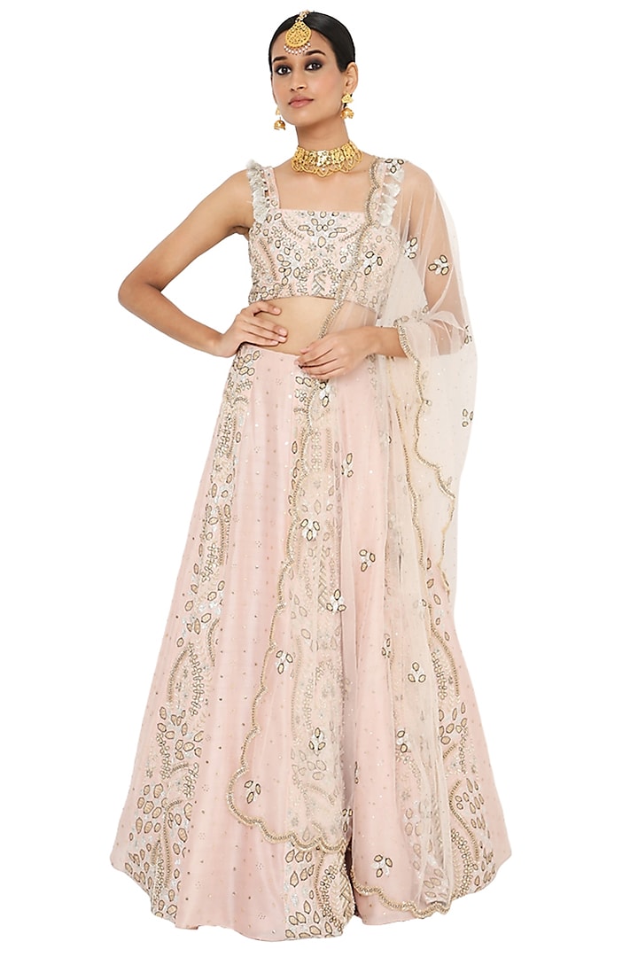 Rose Pink Lehenga Set With Embroidery by Payal Singhal