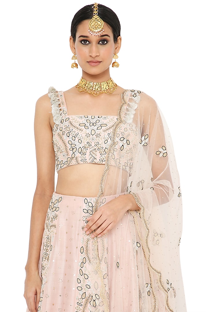 Rose Pink Bridal Lehenga Set With Embroidery by Payal Singhal at Pernia's Pop Up Shop