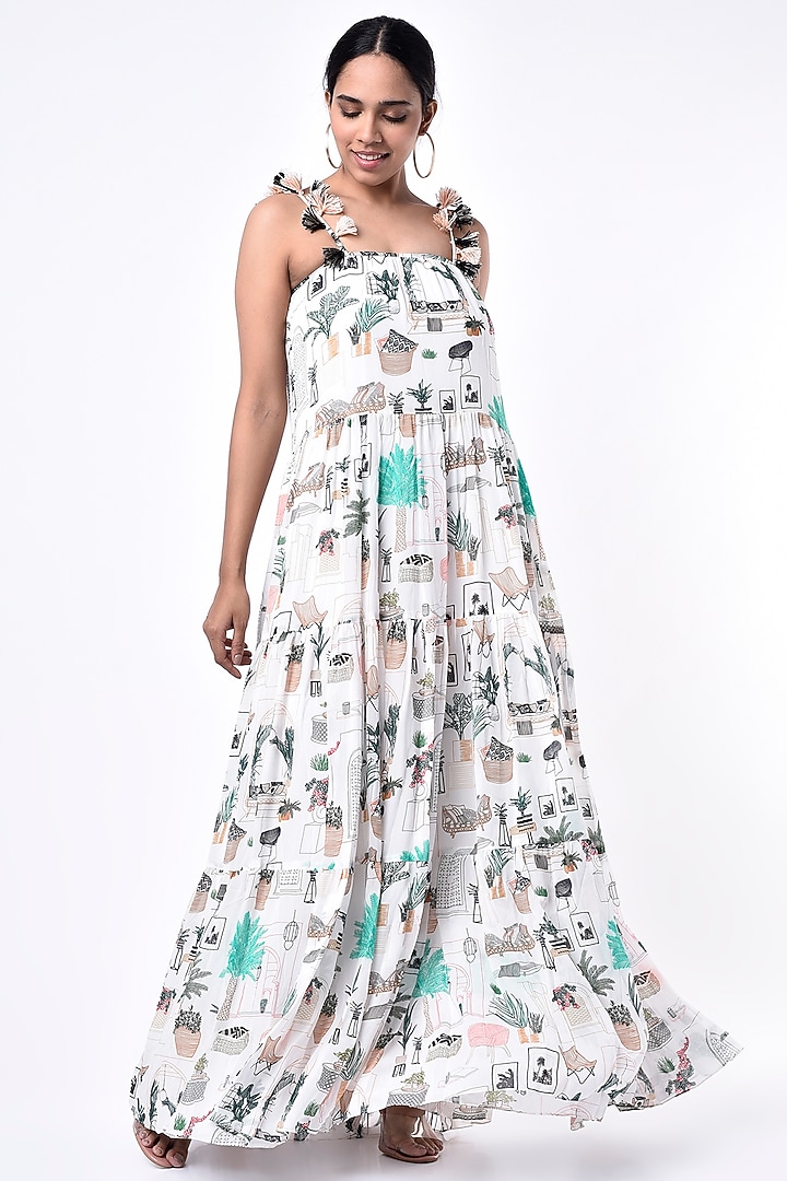 White Printed Long Tiered Vacation Dress by PS Pret by Payal Singhal at Pernia's Pop Up Shop