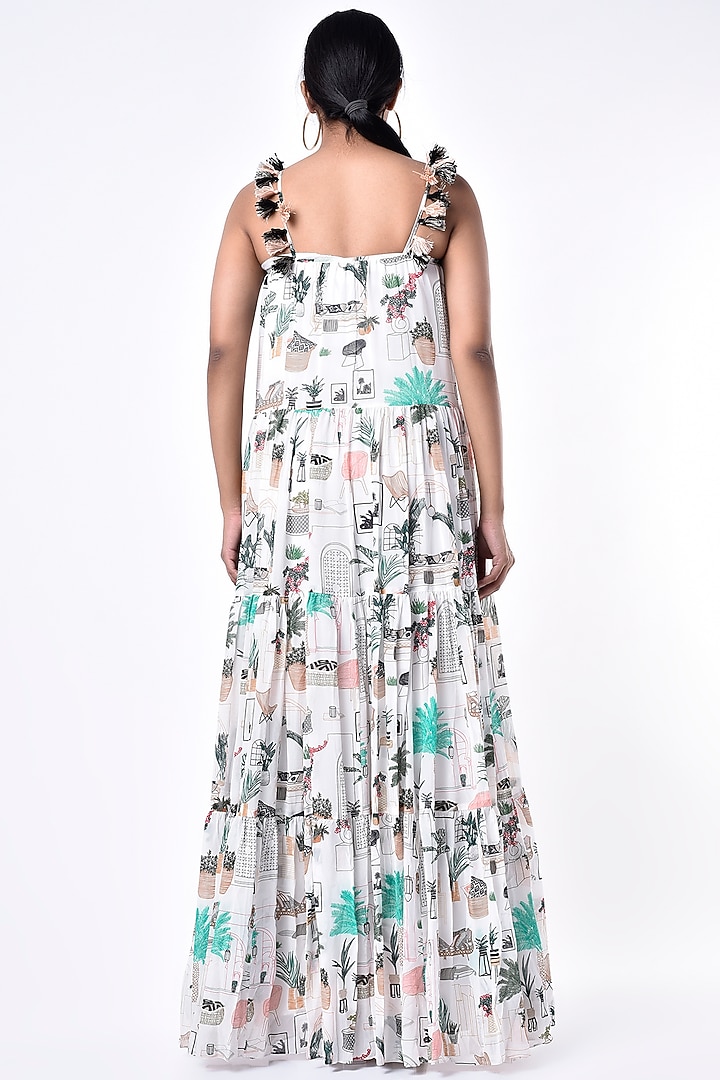 White Printed Long Tiered Vacation Dress by PS Pret by Payal Singhal at Pernia's Pop Up Shop