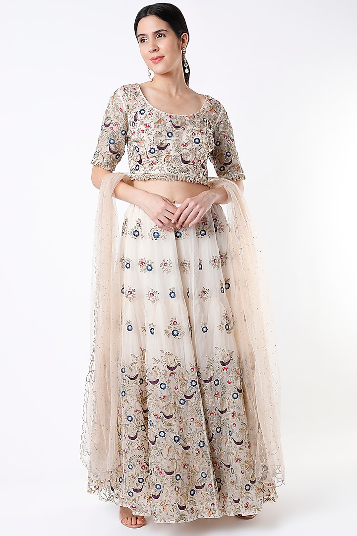 Beige Organza Embroidered Lehenga Set by Payal Singhal
