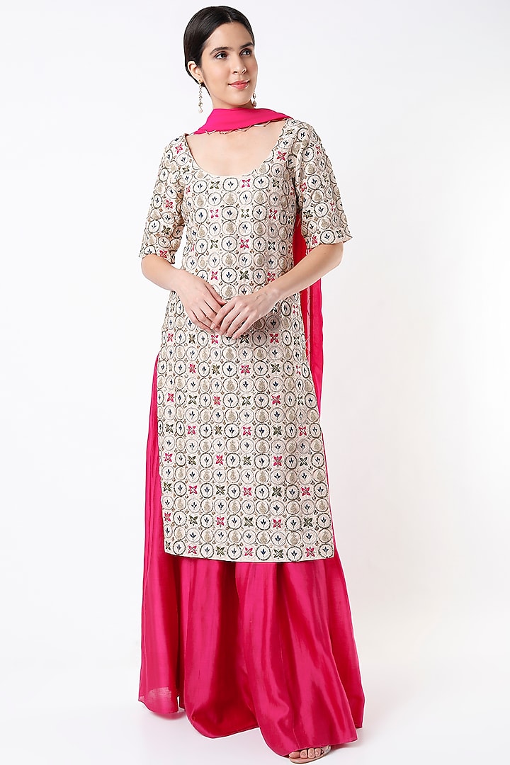 Off-White Silk Embroidered Kurta Set by Payal Singhal