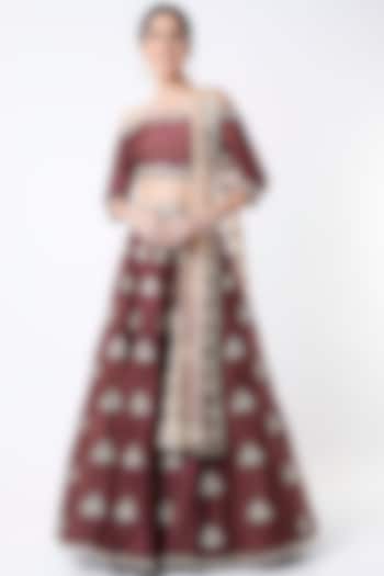 Marsala Red Embroidered Lehenga Set by Payal Singhal