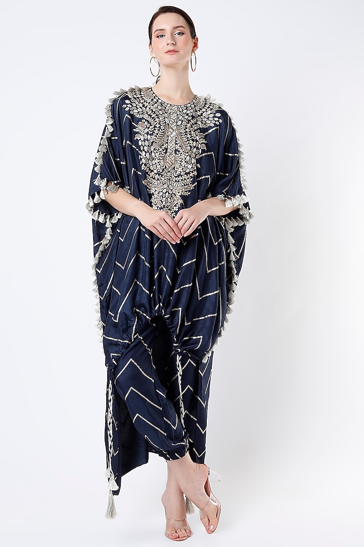 Navy Blue Embroidered Kaftan Set by Payal Singhal