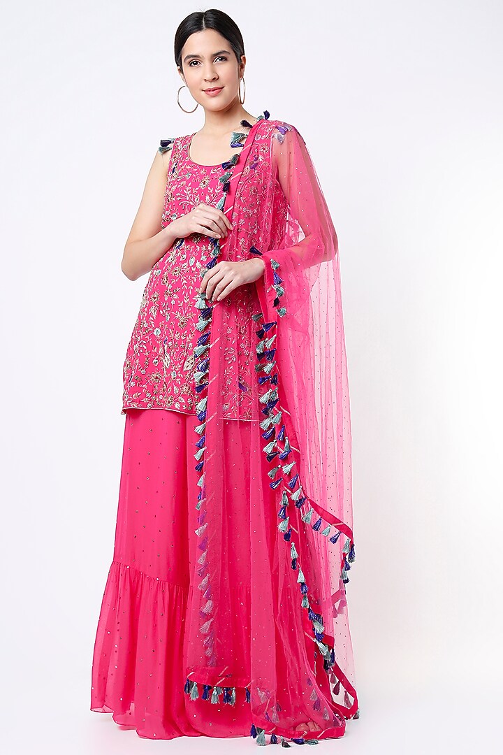 Hot Pink Bridal Sharara Set With Embroidered Kurta by Payal Singhal at Pernia's Pop Up Shop