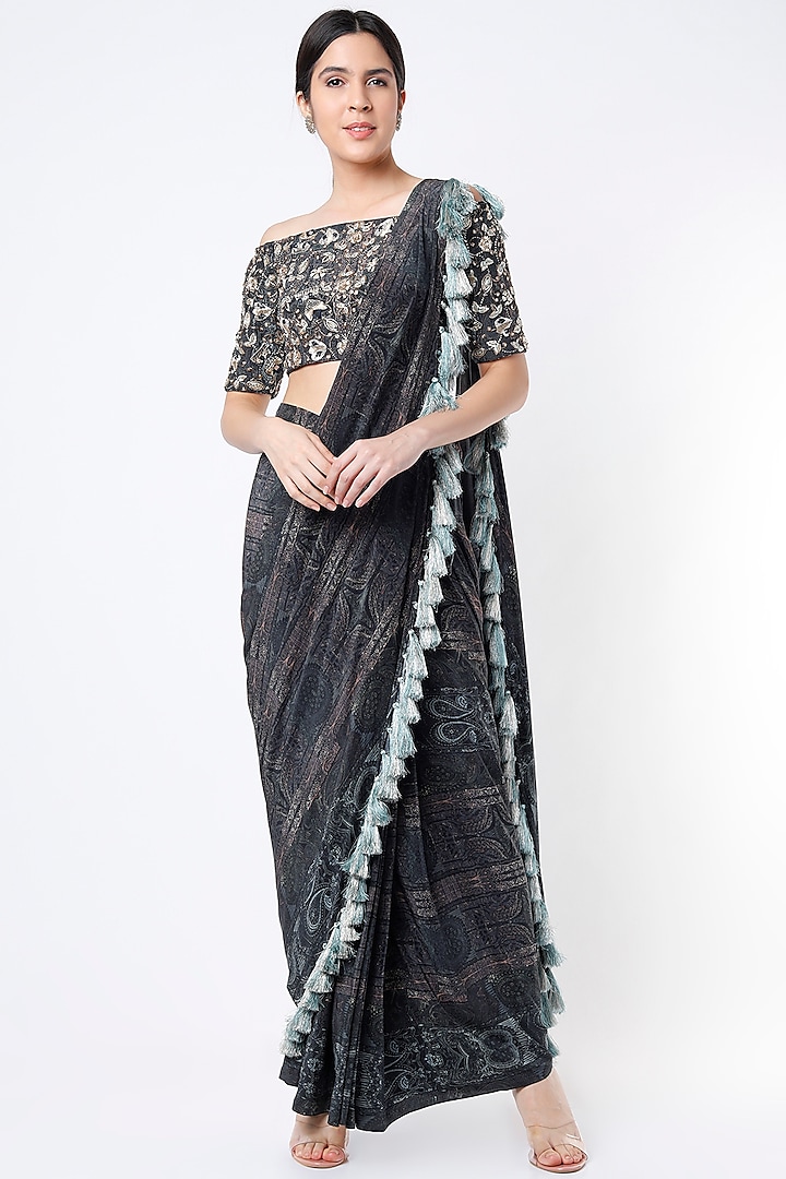 Black Crepe Pre-Stitched Saree Set by Payal Singhal