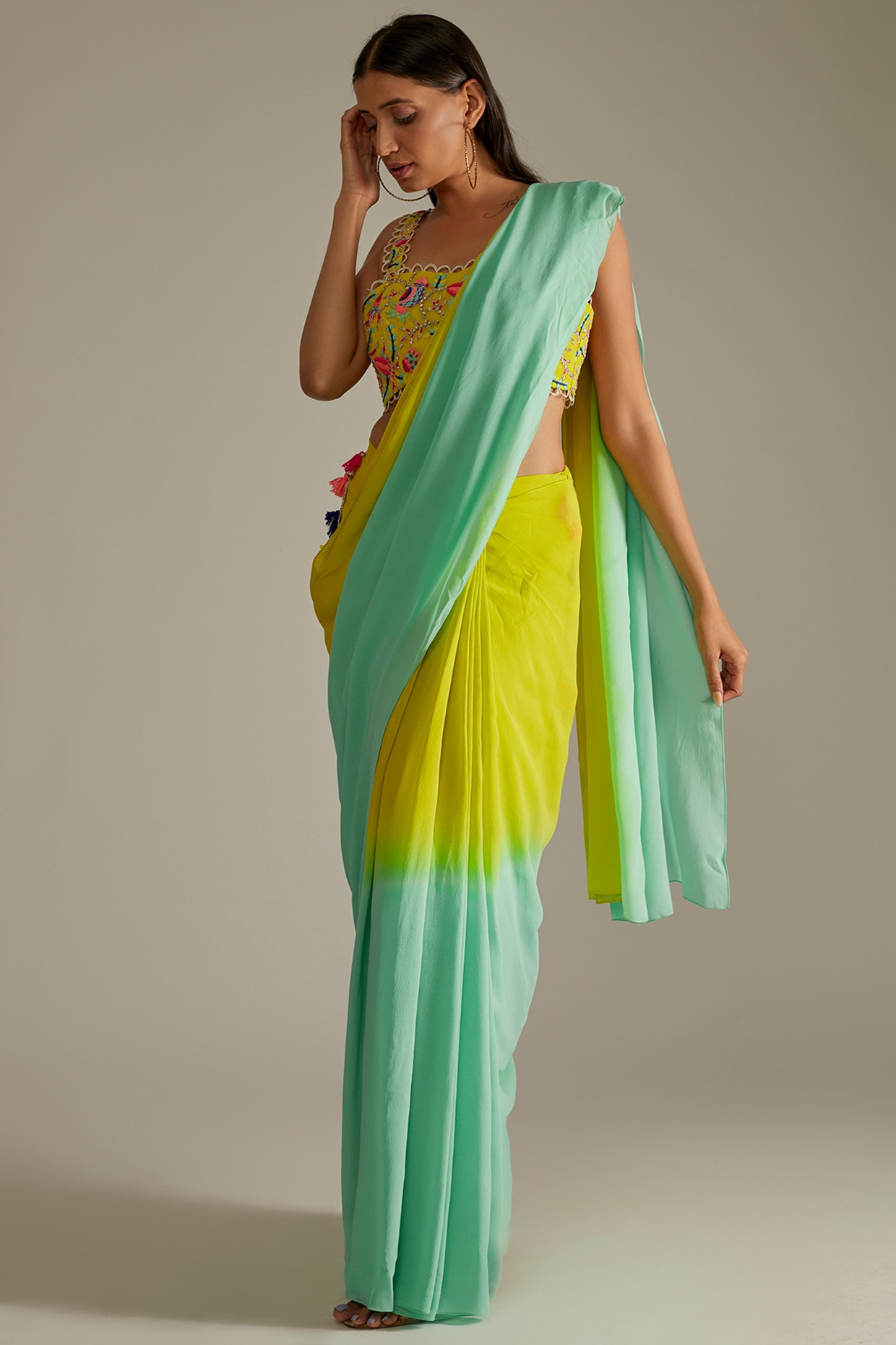 Lime Green & Blue Pre-Stitched Printed Saree Set Design by Payal Singhal at  Pernia's Pop Up Shop 2024