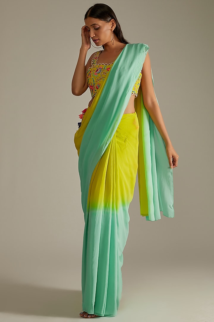 Lime Green & Blue Pre-Stitched Printed Saree Set by Payal Singhal