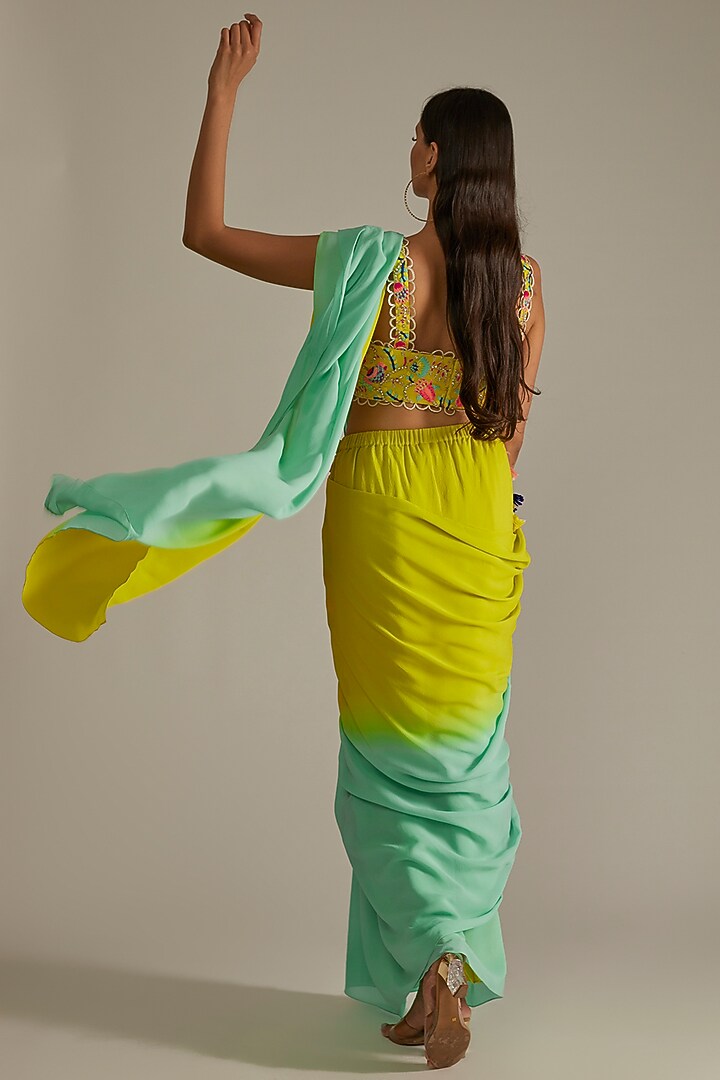 Lime Green & Blue Ombre Pre-Stitched Wedding Saree Set by Payal Singhal at Pernia's Pop Up Shop