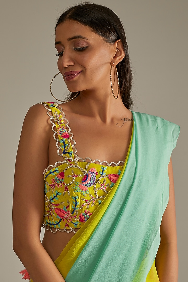 Lime Green & Blue Ombre Pre-Stitched Wedding Saree Set by Payal Singhal at Pernia's Pop Up Shop