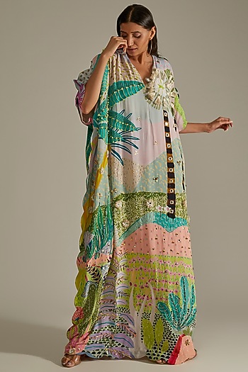 Multi-Colored Printed & Embroidered Kaftan by Payal Singhal at Pernia's Pop Up Shop
