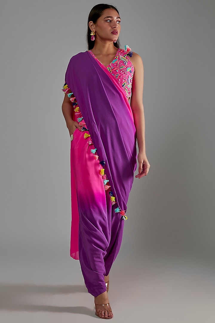 Pink & Purple Crepe Dhoti Saree Set by Payal Singhal