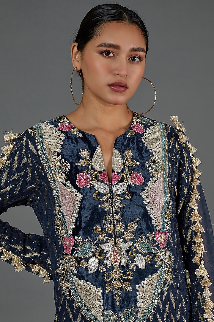 Navy Blue Banarasi Georgette Kaftan by Payal Singhal at Pernia's Pop Up Shop