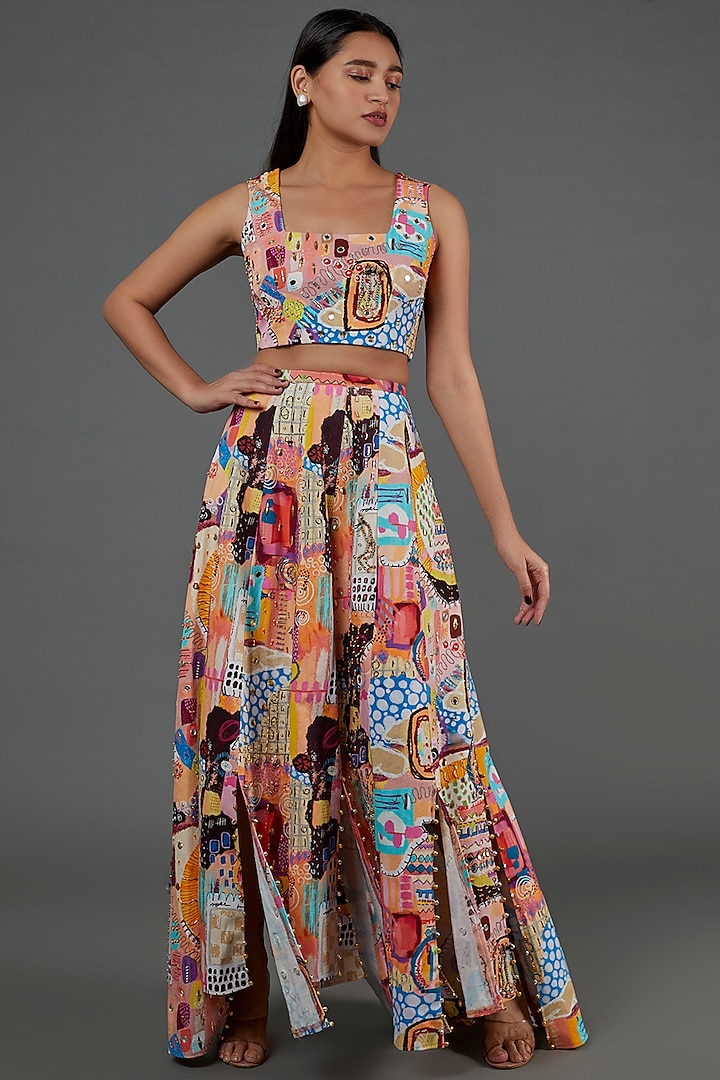 Multi-Coloured Denim Printed Skirt Set by Payal Singhal