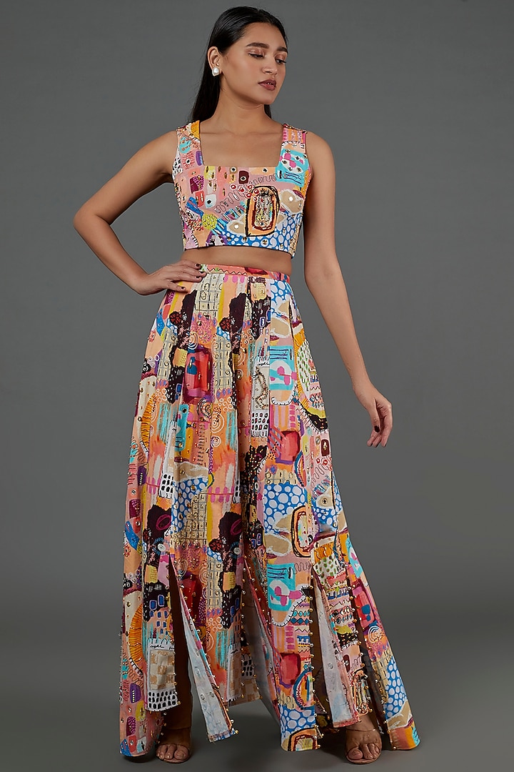 Multi-Coloured Denim Printed Skirt Set by Payal Singhal at Pernia's Pop Up Shop