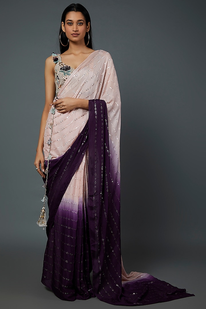 Blush Pink & Purple Sequins Georgette Saree Set by Payal Singhal
